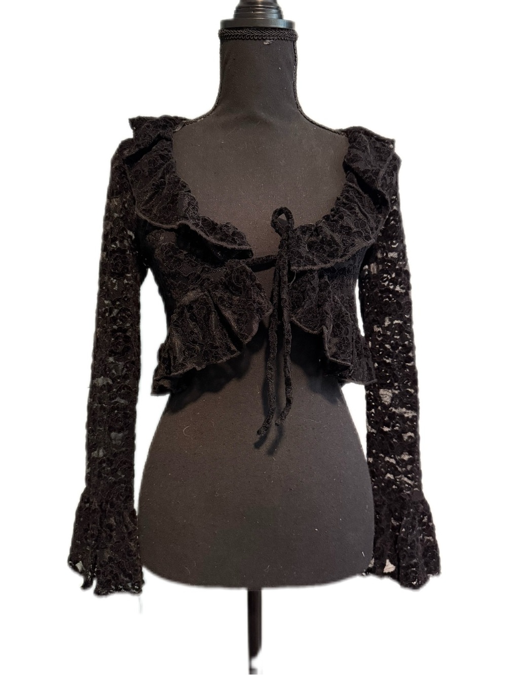 Black Lace Ruffle Tie-Front Blouse